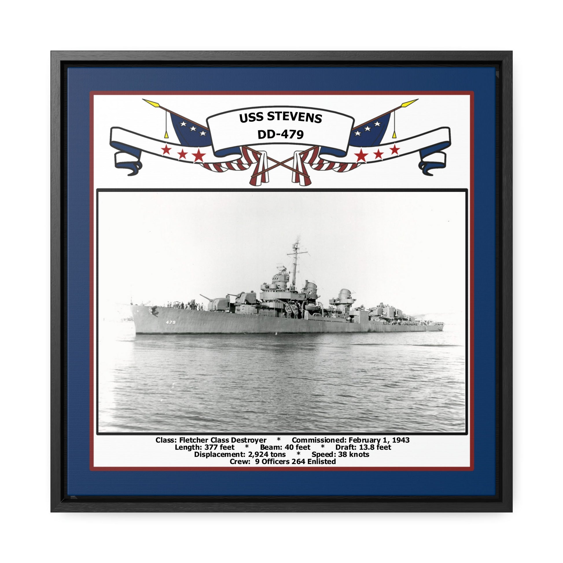 USS Stevens DD-479 Navy Floating Frame Photo Front View
