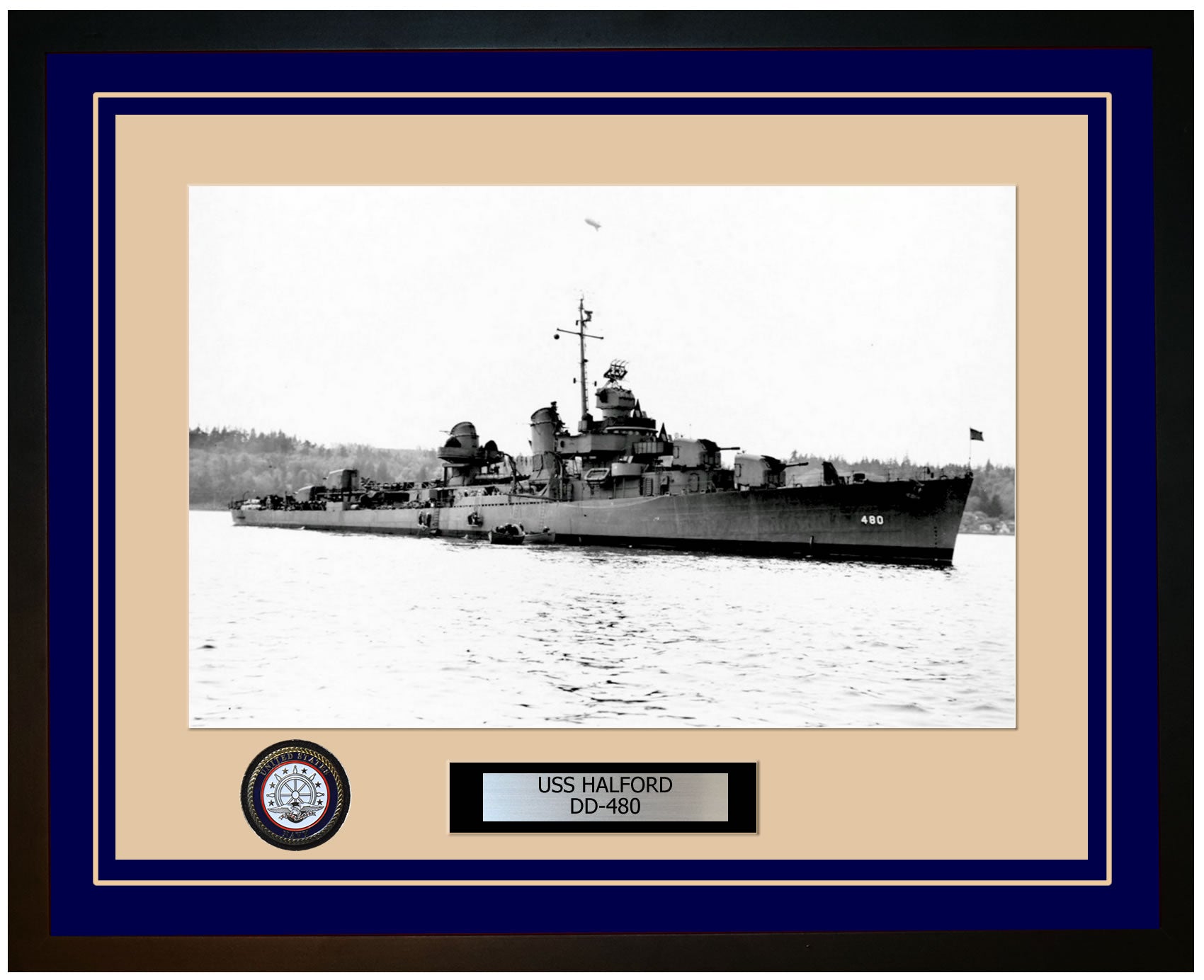 USS HALFORD DD-480 Framed Navy Ship Photo Blue
