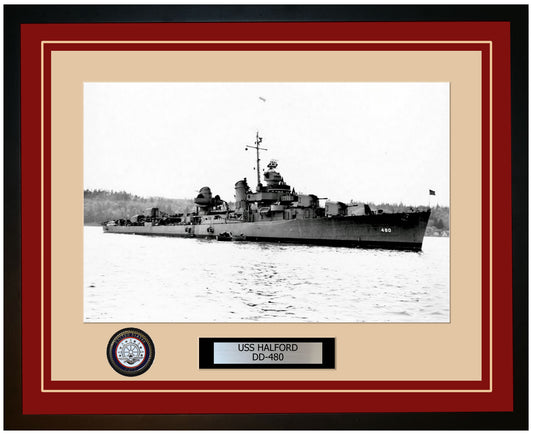 USS HALFORD DD-480 Framed Navy Ship Photo Burgundy