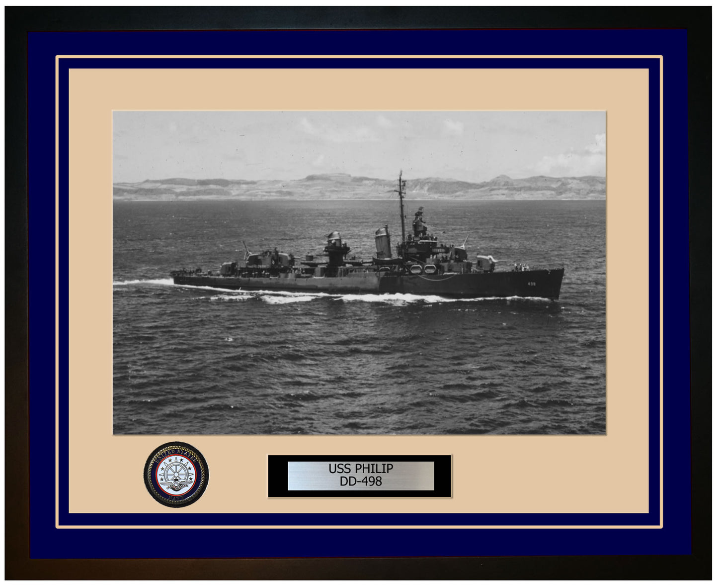 USS PHILIP DD-498 Framed Navy Ship Photo Blue