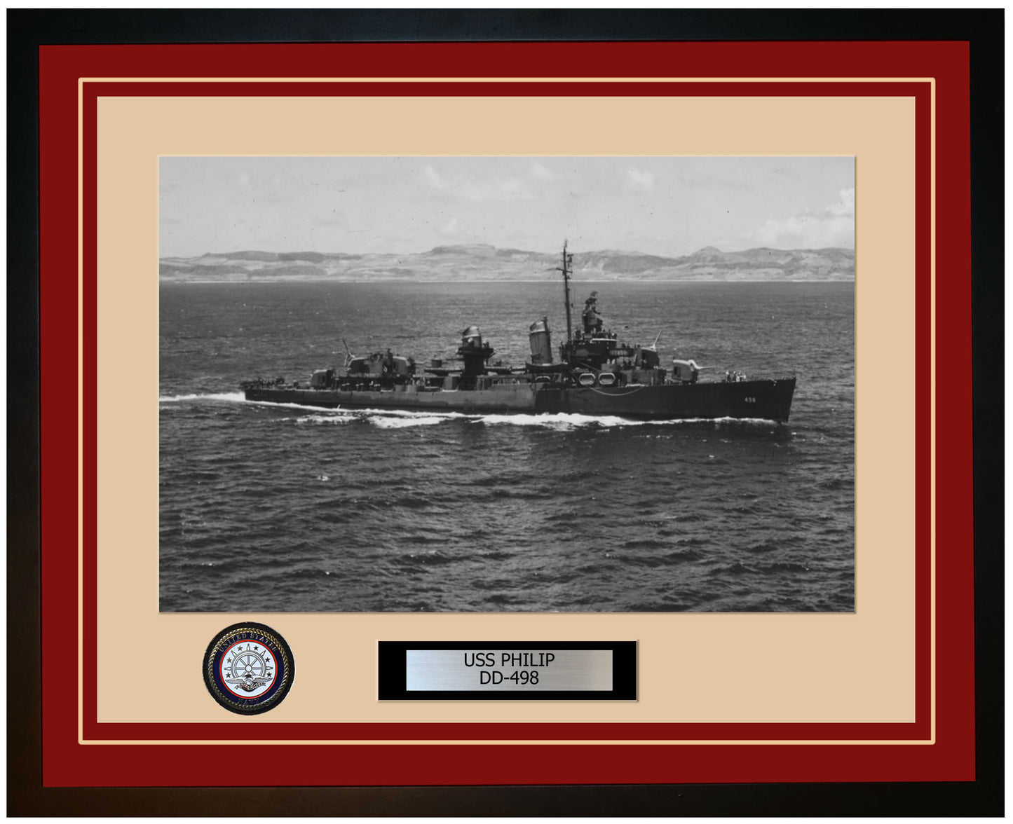 USS PHILIP DD-498 Framed Navy Ship Photo Burgundy