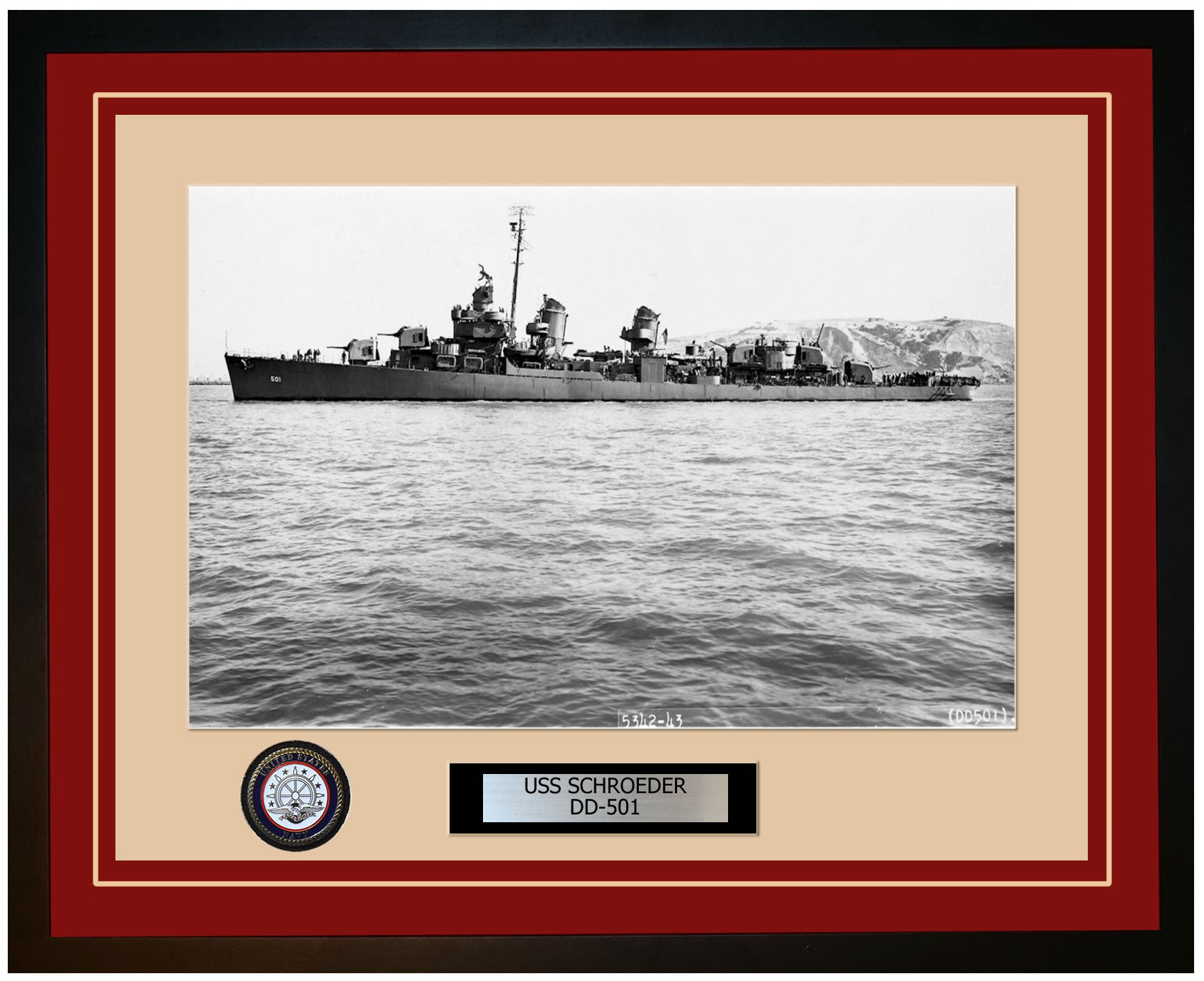 USS SCHROEDER DD-501 Framed Navy Ship Photo Burgundy