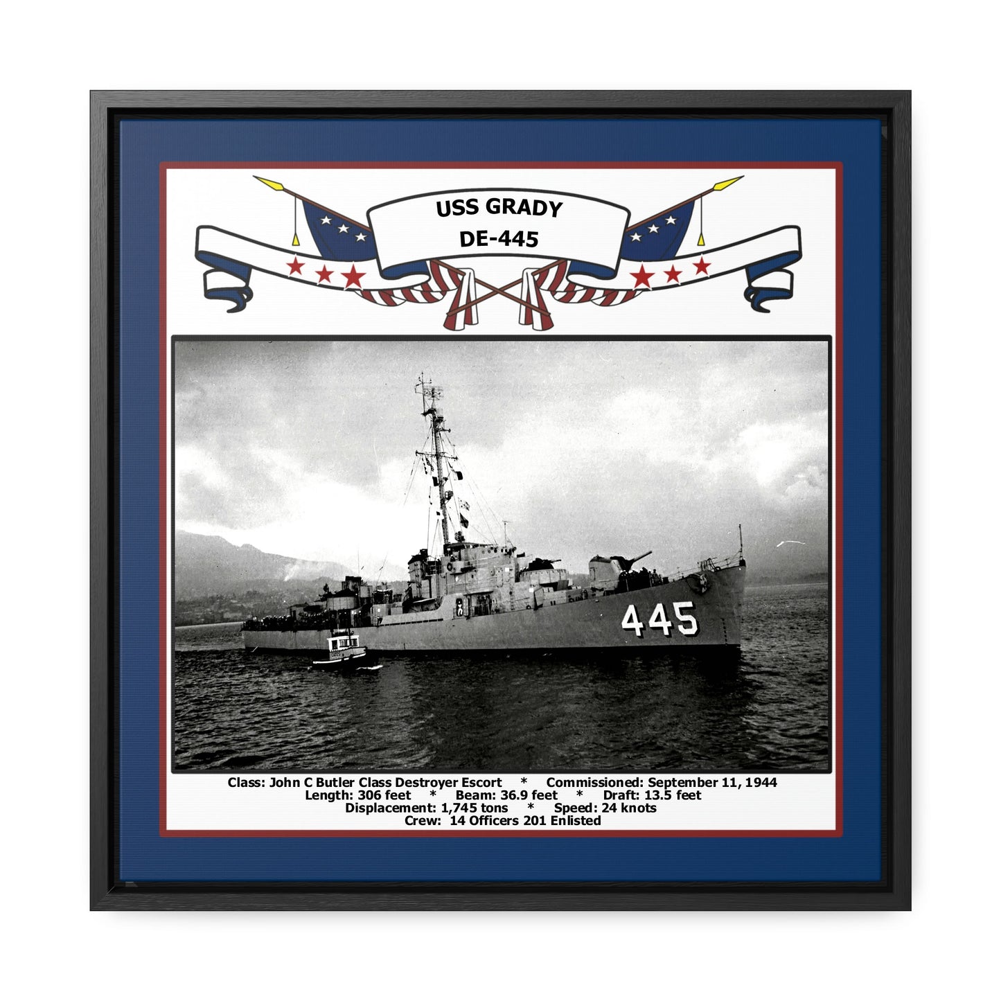 USS Grady DE-445 Navy Floating Frame Photo Front View
