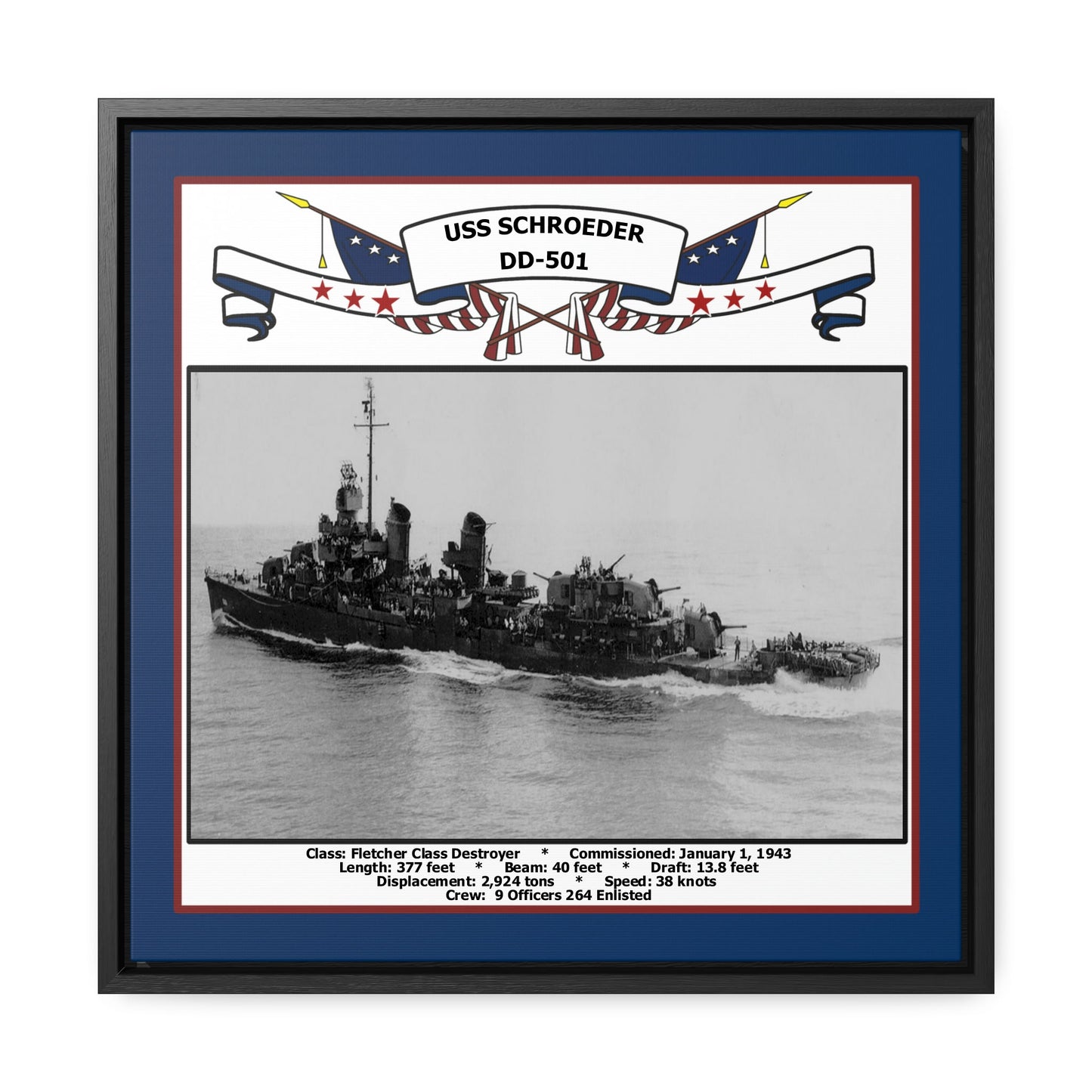 USS Schroeder DD-501 Navy Floating Frame Photo Front View