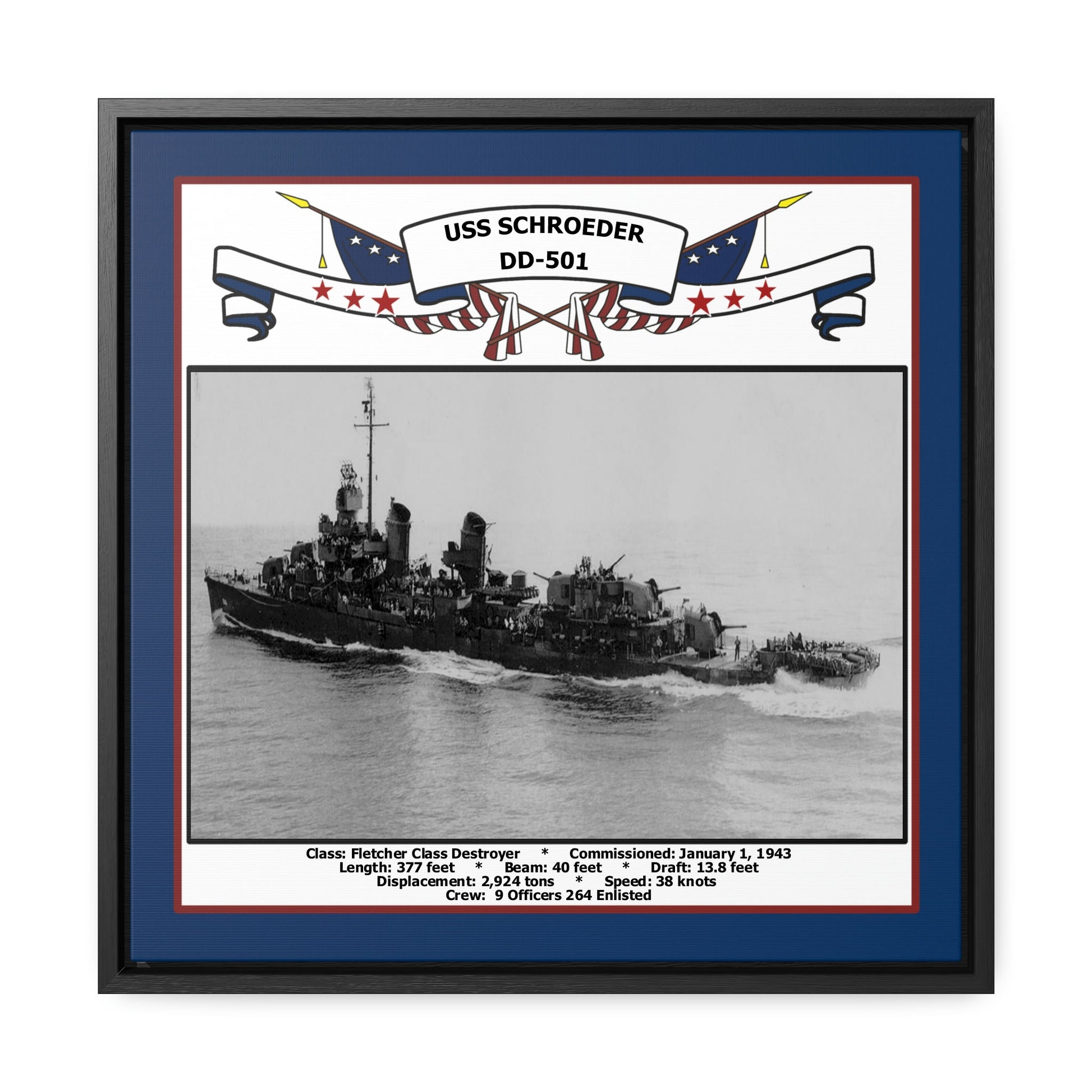 USS Schroeder DD-501 Navy Floating Frame Photo Front View