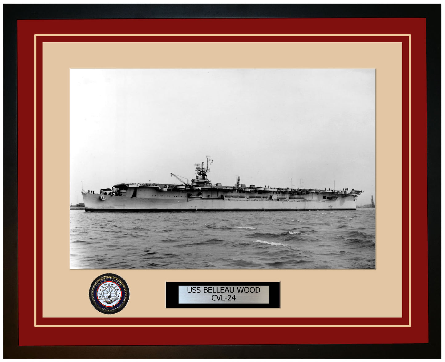 USS BELLEAU WOOD CVL-24 Framed Navy Ship Photo Burgundy