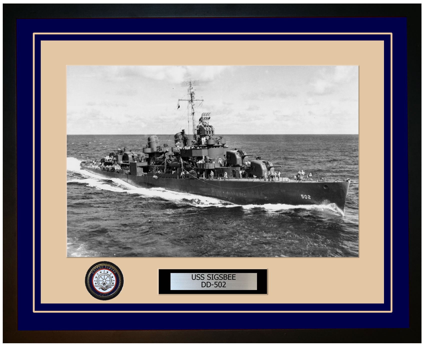 USS SIGSBEE DD-502 Framed Navy Ship Photo Blue