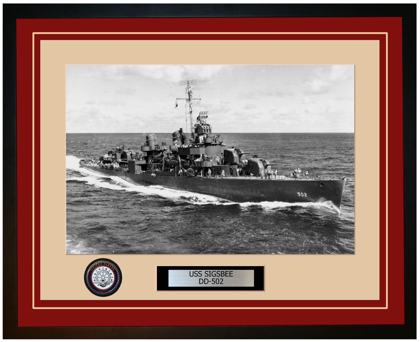 USS SIGSBEE DD-502 Framed Navy Ship Photo Burgundy