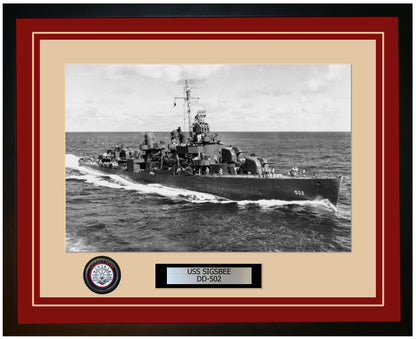 USS SIGSBEE DD-502 Framed Navy Ship Photo Burgundy