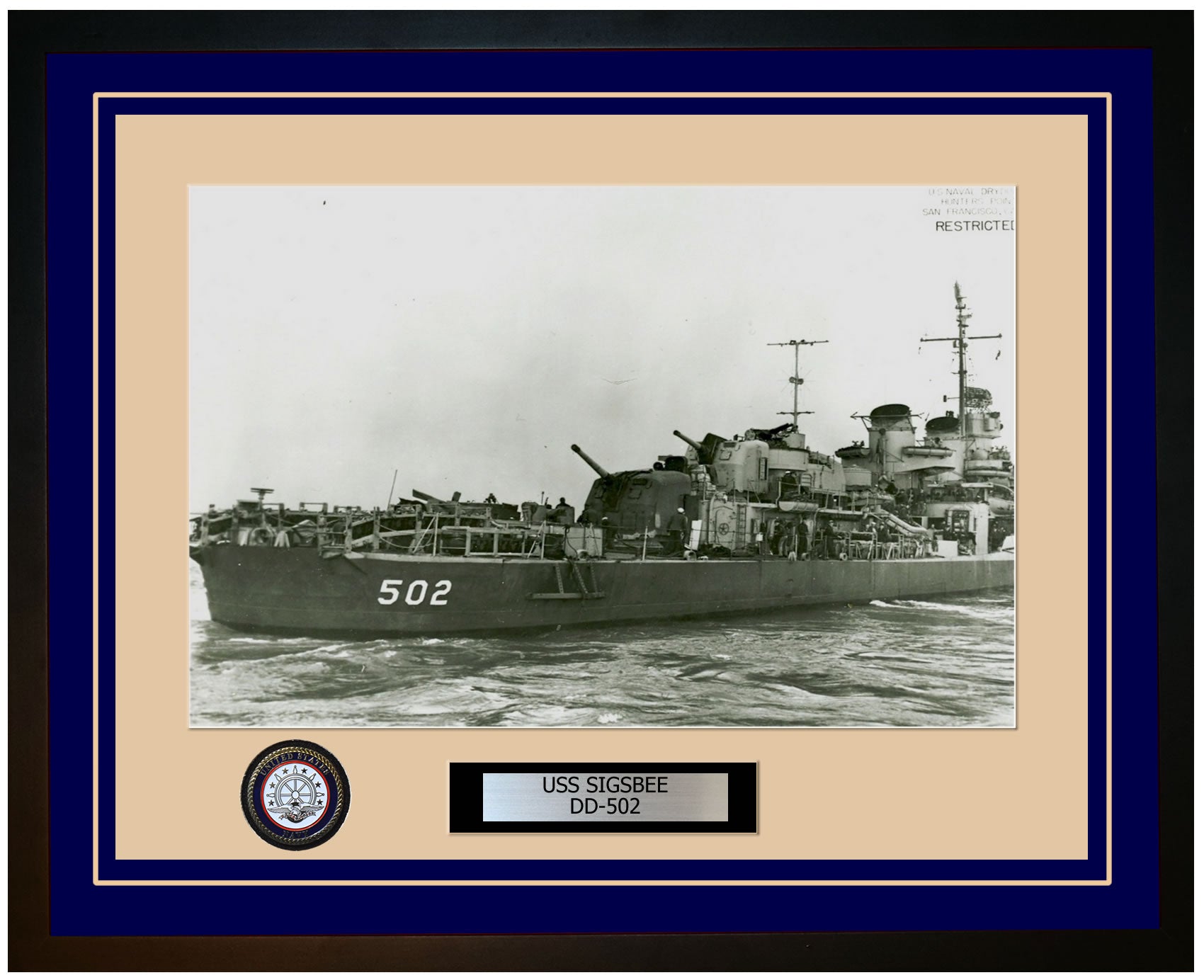 USS SIGSBEE DD-502 Framed Navy Ship Photo Blue