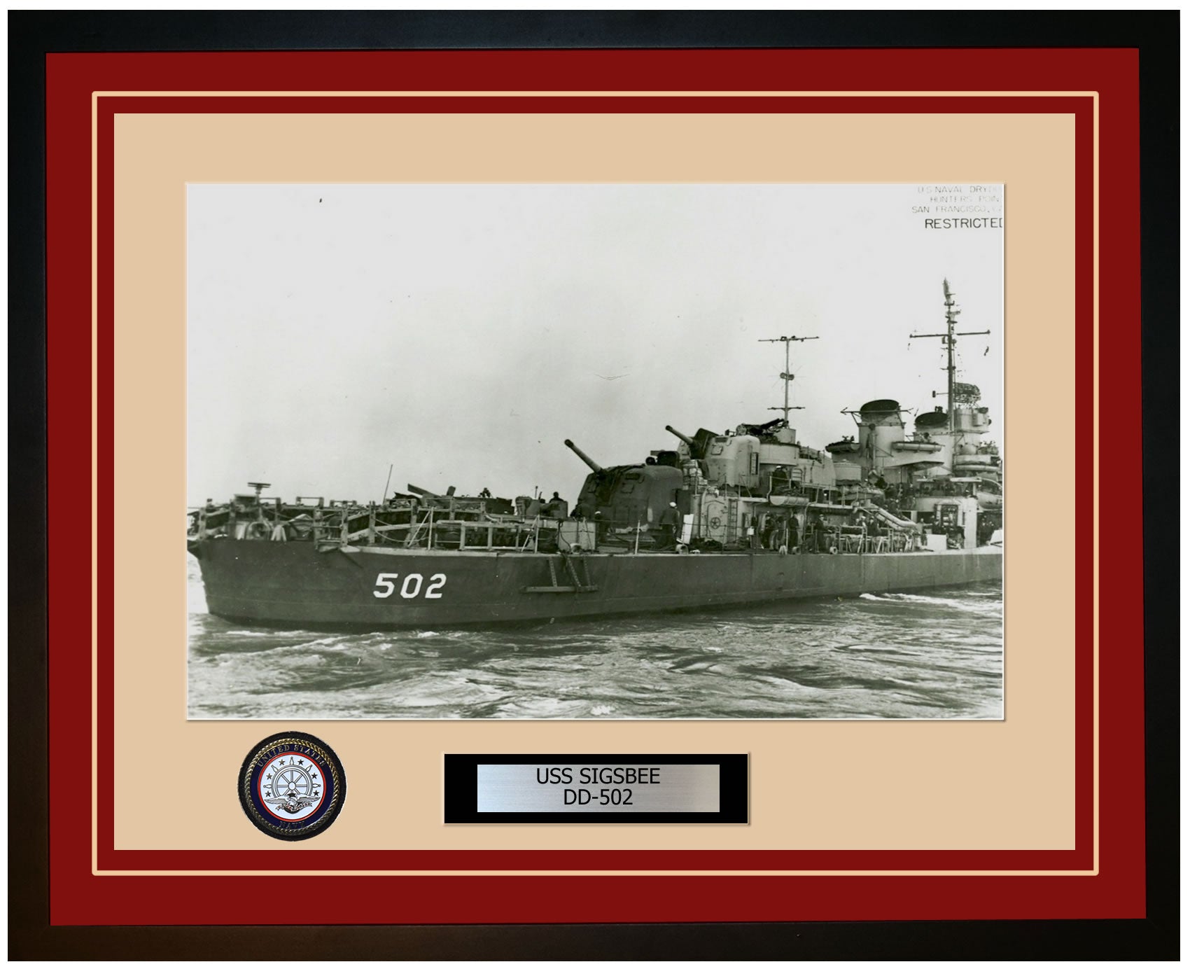 USS SIGSBEE DD-502 Framed Navy Ship Photo Burgundy