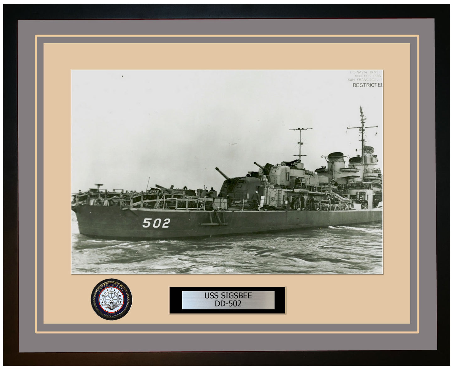 USS SIGSBEE DD-502 Framed Navy Ship Photo Grey