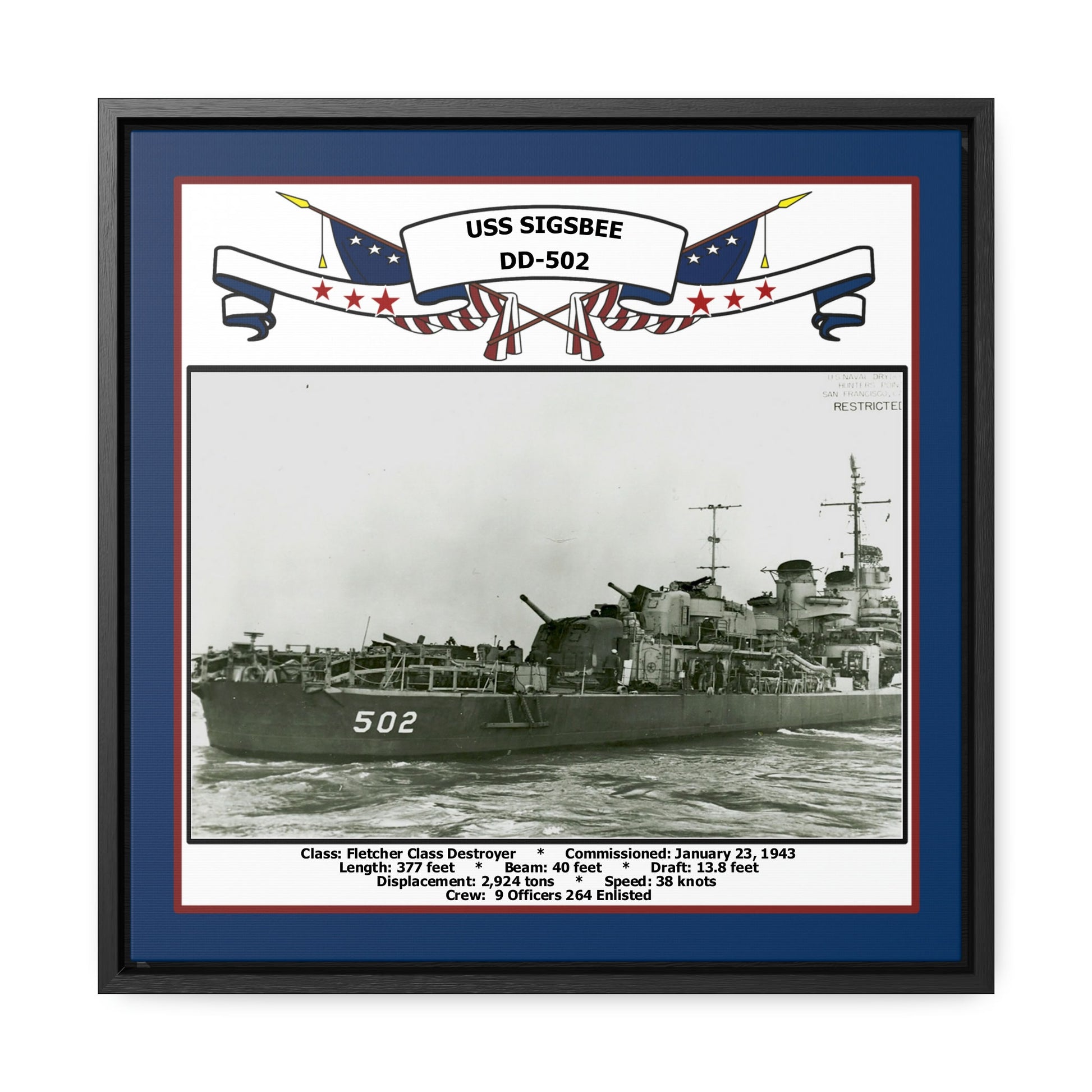 USS Sigsbee DD-502 Navy Floating Frame Photo Front View
