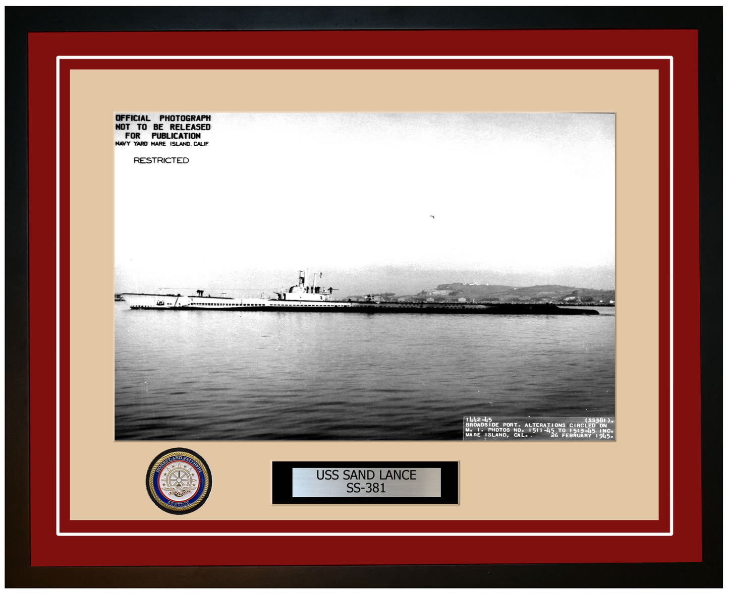 USS Sand Lance SS-381 Framed Navy Ship Photo Burgundy