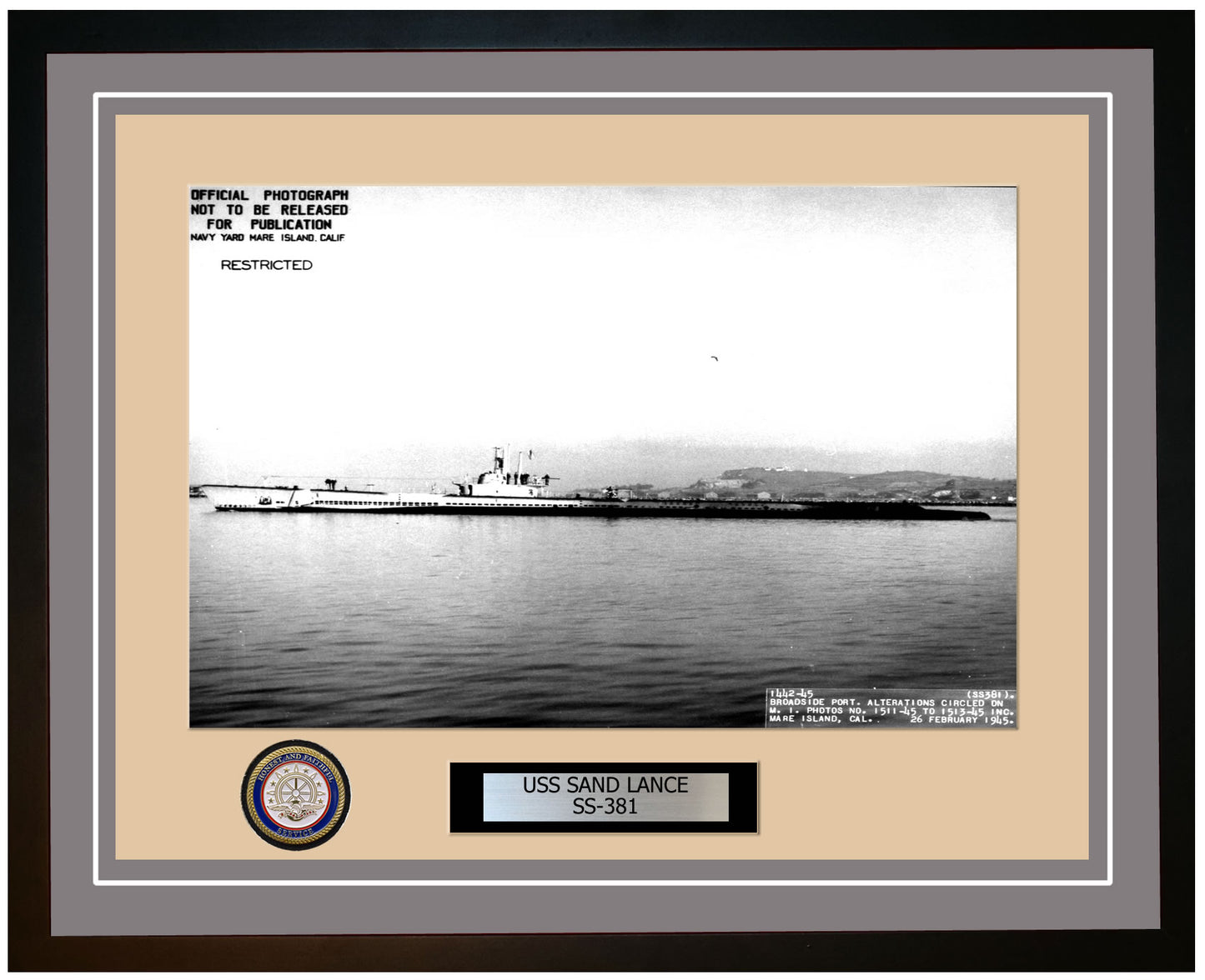 USS Sand Lance SS-381 Framed Navy Ship Photo Grey