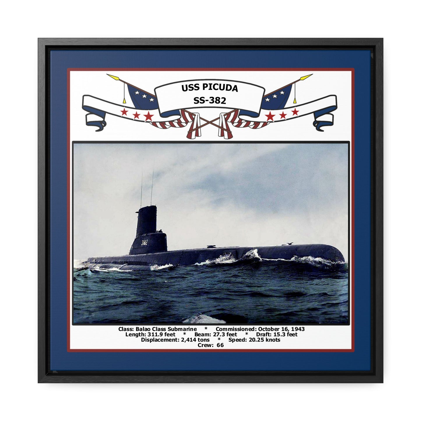 USS Picuda SS-382 Navy Floating Frame Photo Front View