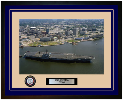 USS AMERICA CV-66 Framed Navy Ship Photo Blue