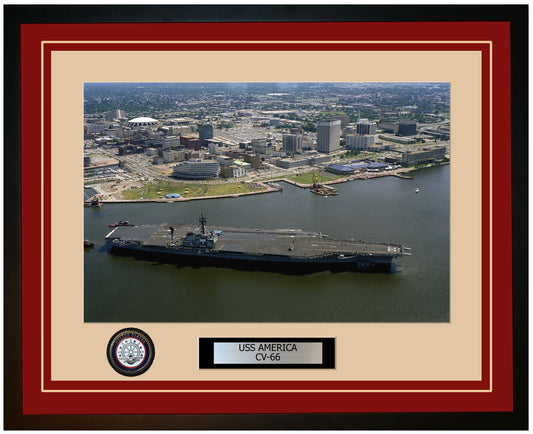 USS AMERICA CV-66 Framed Navy Ship Photo Burgundy
