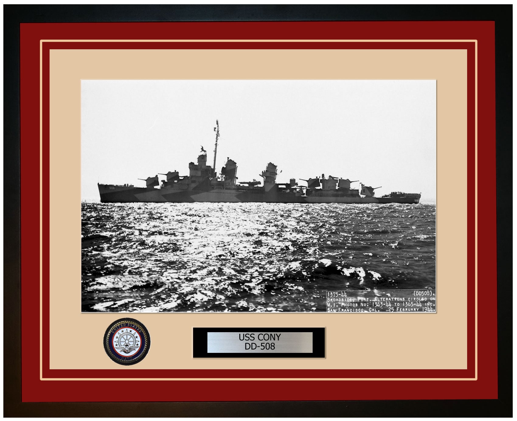 USS CONY DD-508 Framed Navy Ship Photo Burgundy