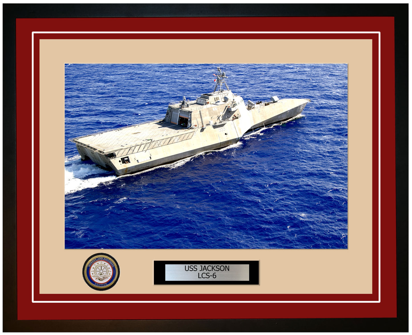 USS Jackson LCS-6 Framed Navy Ship Photo Burgundy