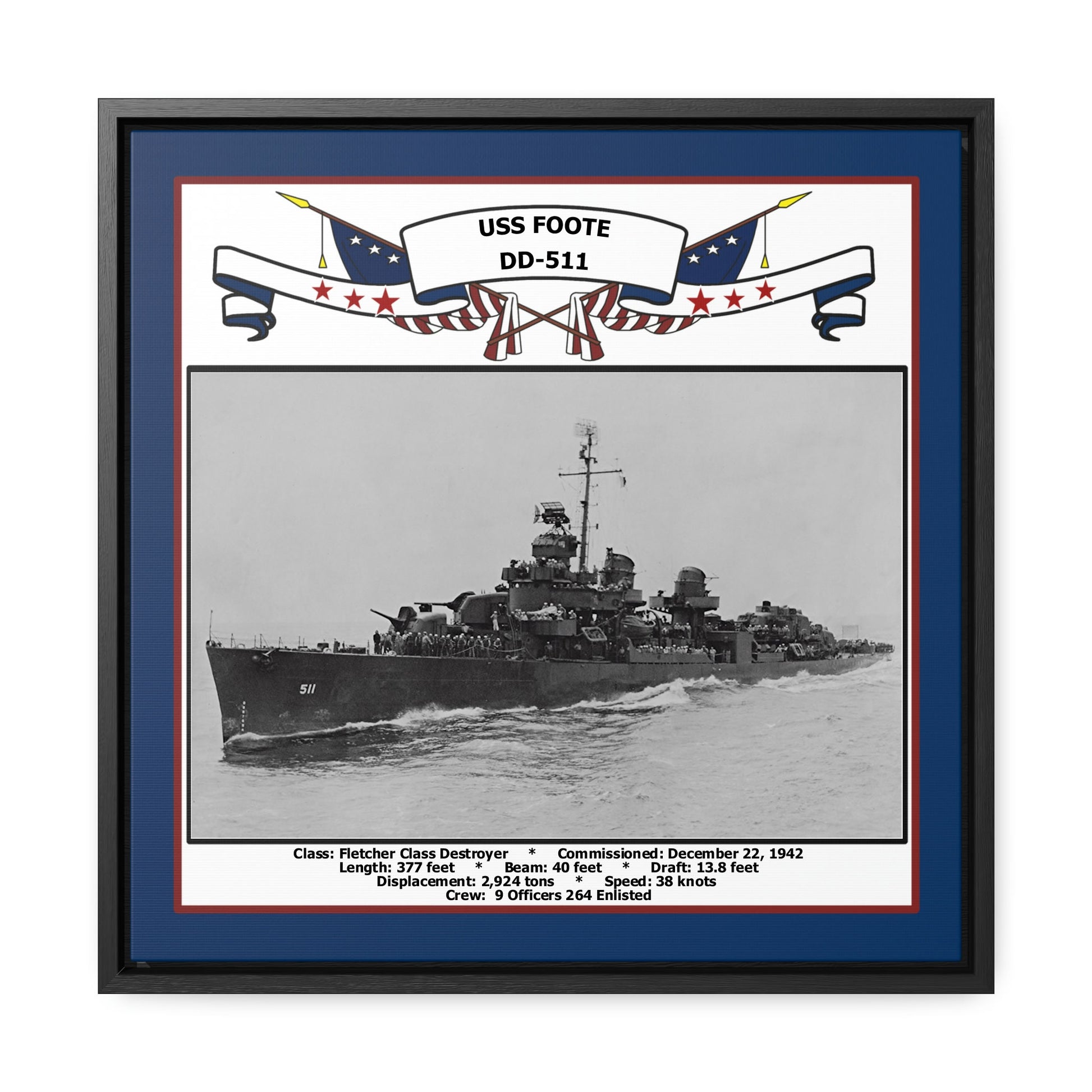 USS Foote DD-511 Navy Floating Frame Photo Front View