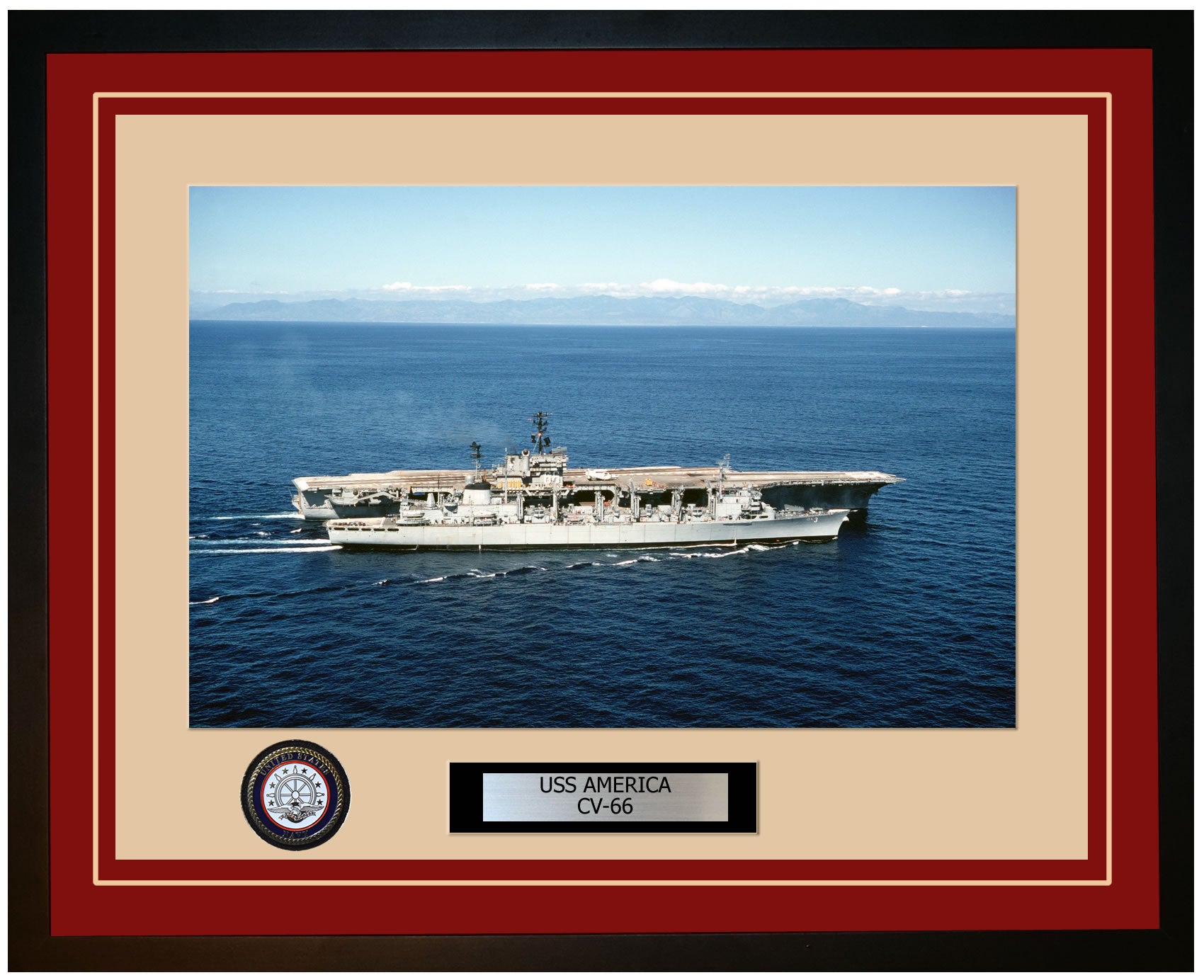 USS AMERICA CV-66 Framed Navy Ship Photo Burgundy