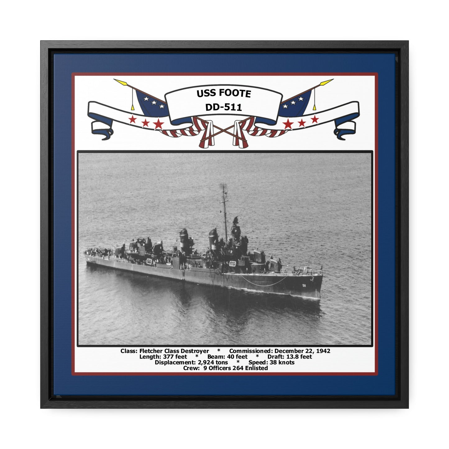 USS Foote DD-511 Navy Floating Frame Photo Front View