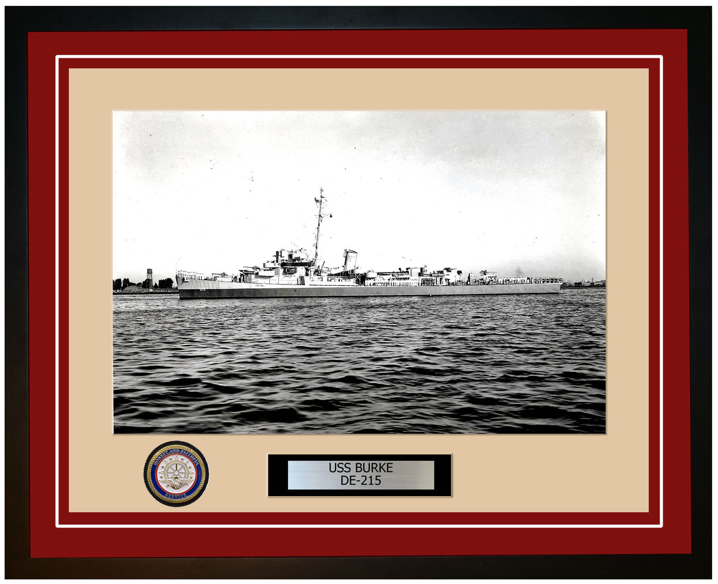 USS Burke DE-215 Framed Navy Ship Photo Burgundy