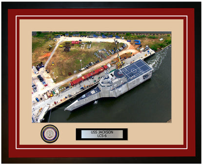 USS Jackson LCS-6 Framed Navy Ship Photo Burgundy