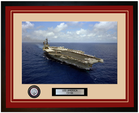 USS AMERICA CV-66 Framed Navy Ship Photo Burgundy