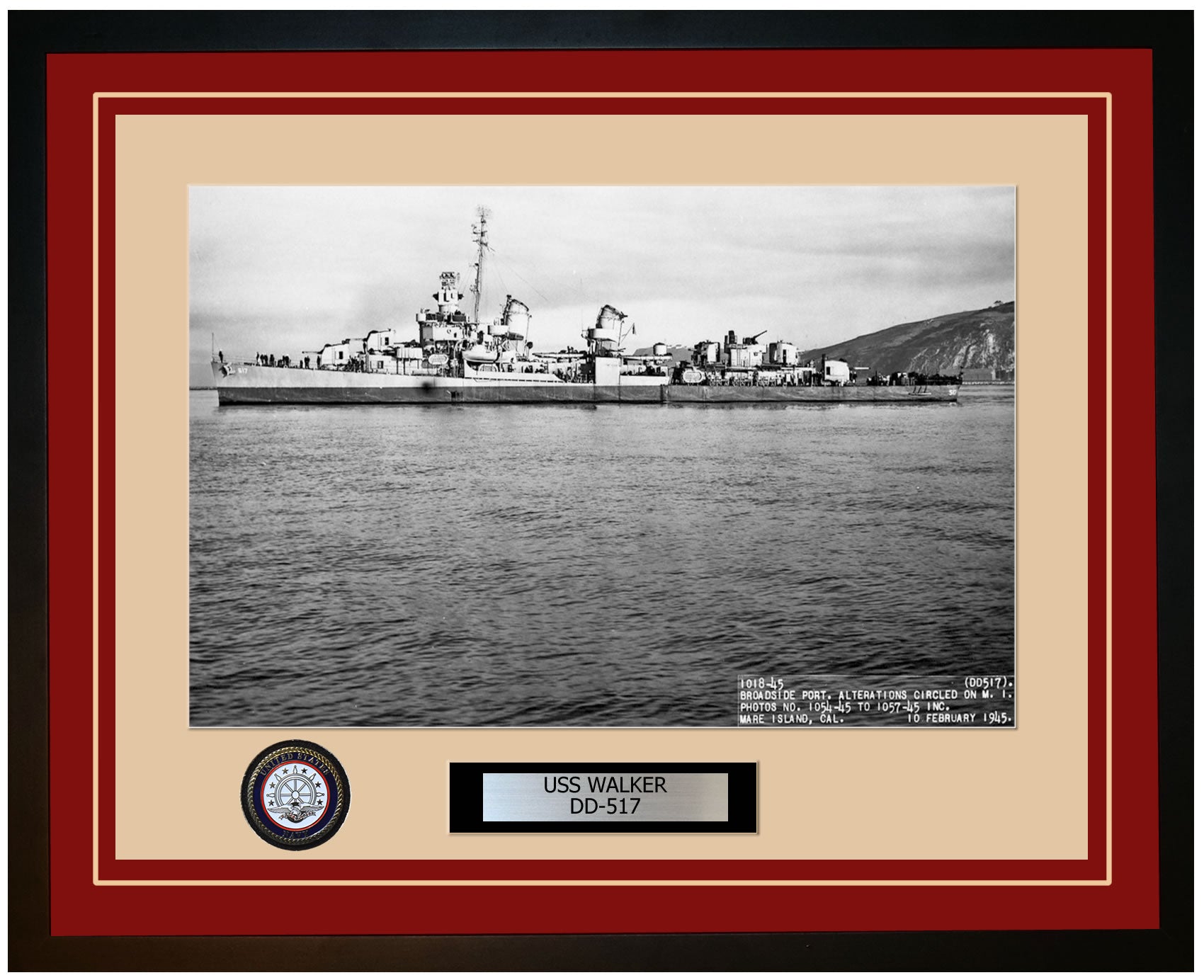 USS WALKER DD-517 Framed Navy Ship Photo Burgundy