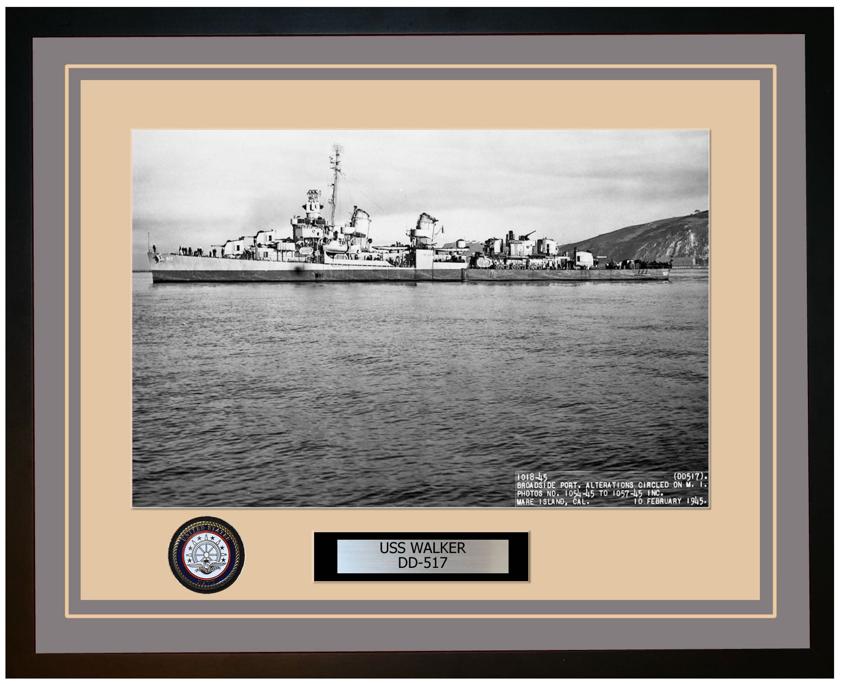 USS WALKER DD-517 Framed Navy Ship Photo Grey