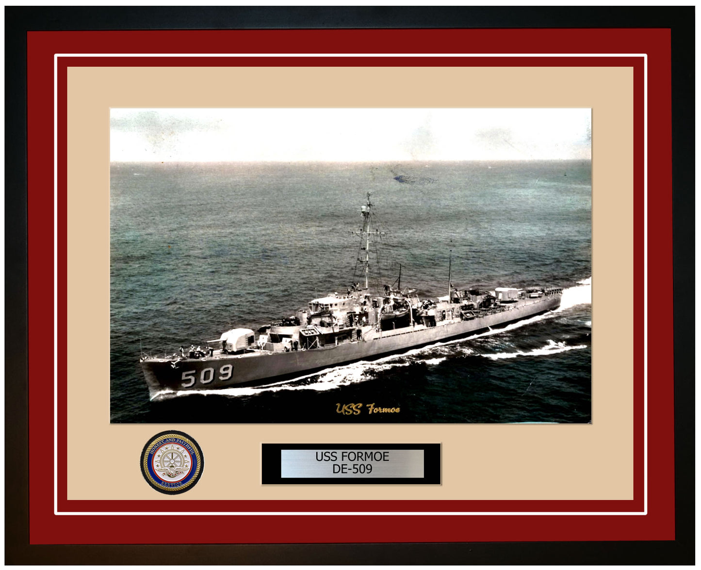 USS Formoe DE-509 Framed Navy Ship Photo Burgundy