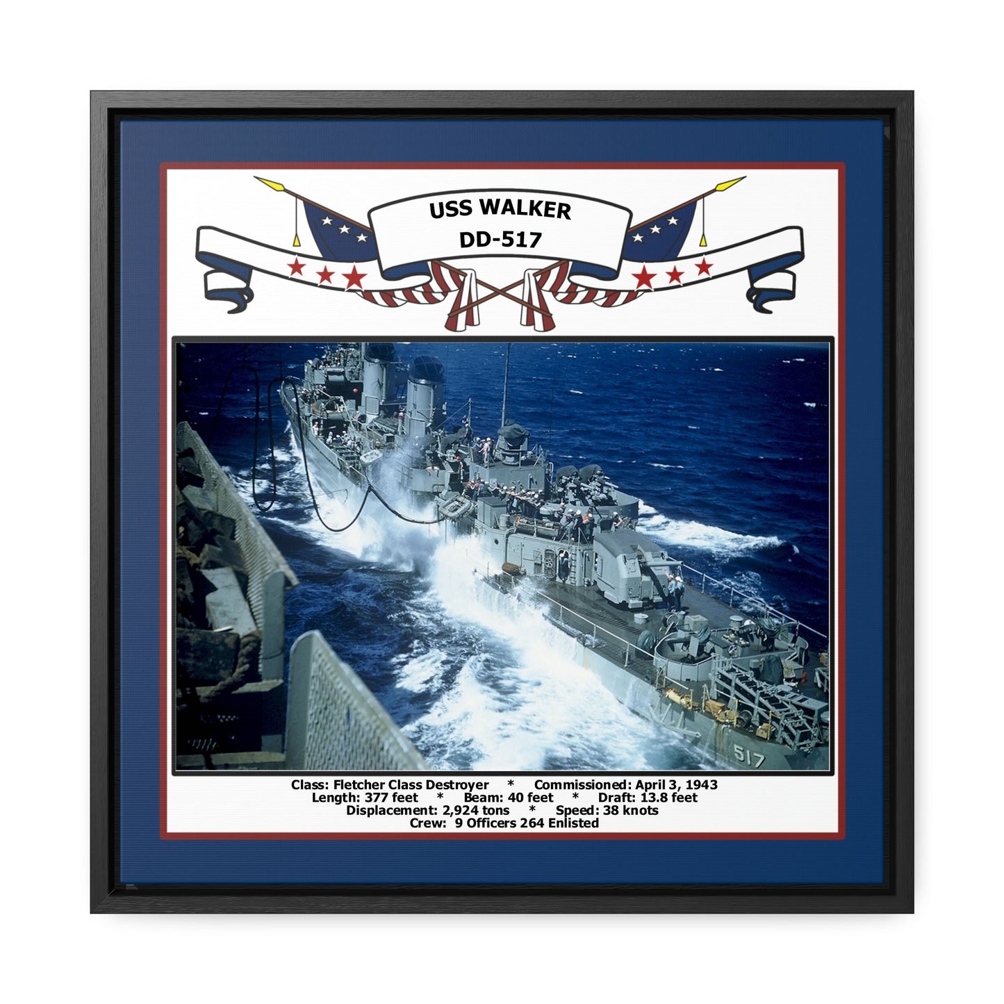 USS Walker DD-517 Navy Floating Frame Photo Front View