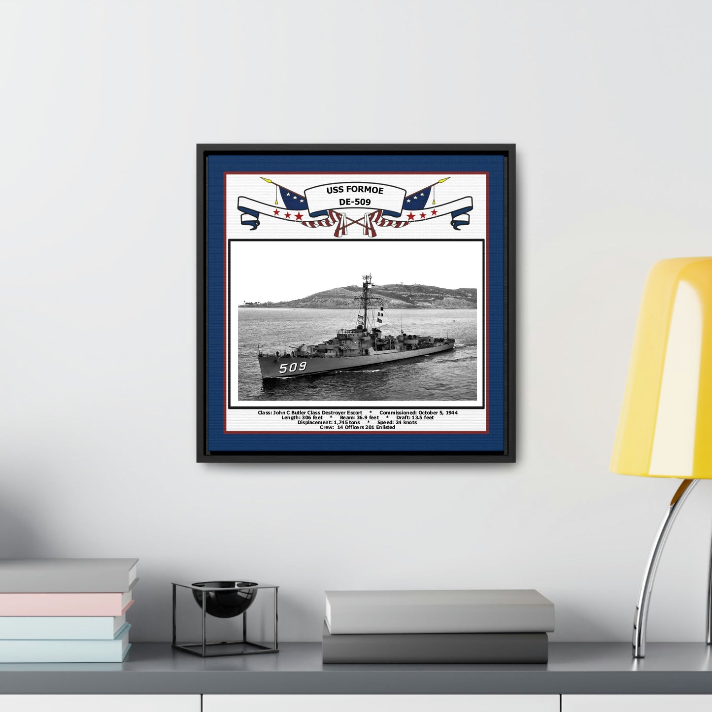USS Formoe DE-509 Navy Floating Frame Photo Desk View