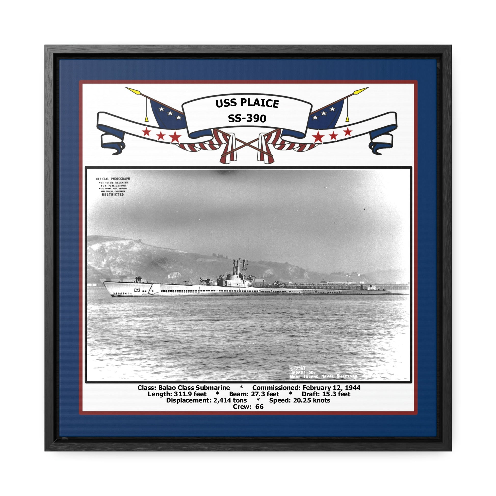 USS Plaice SS-390 Navy Floating Frame Photo Front View