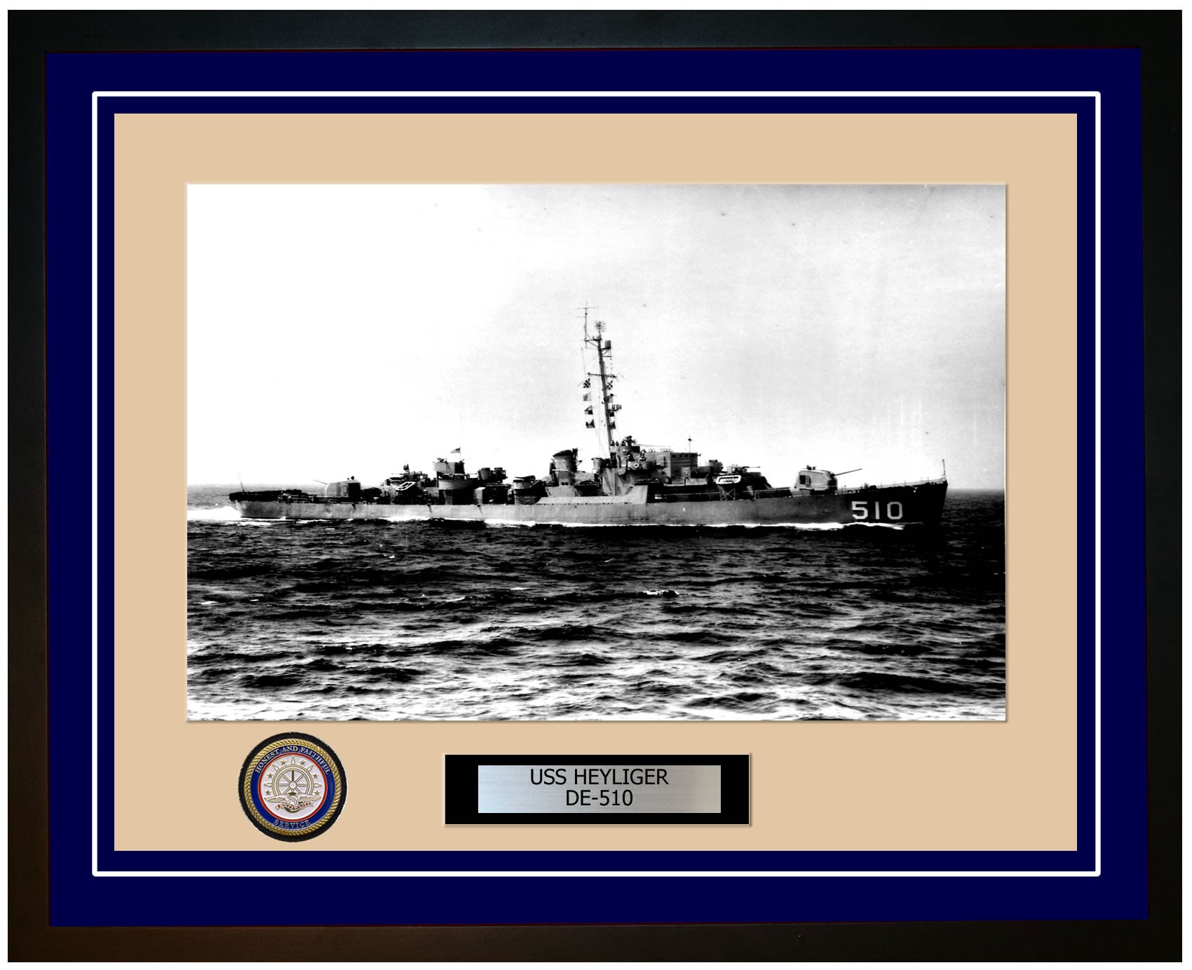 USS Heyliger DE-510 Framed Navy Ship Photo Blue