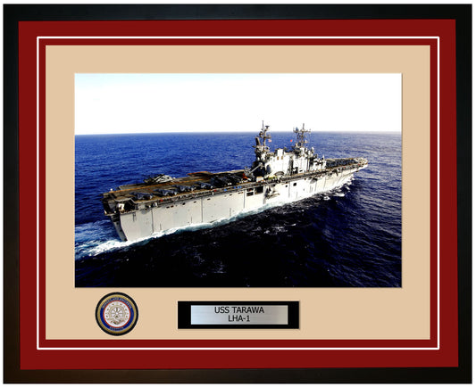 USS Tarawa LHA-1 Framed Navy Ship Photo Burgundy