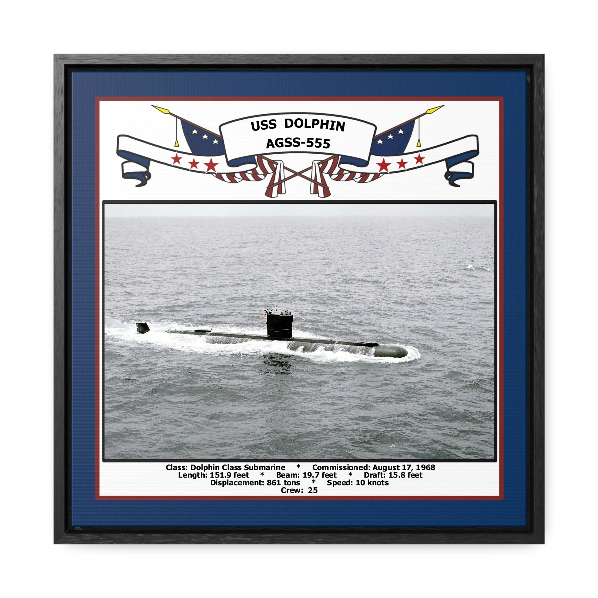 USS Dolphin AGSS-555 Navy Floating Frame Photo Front View