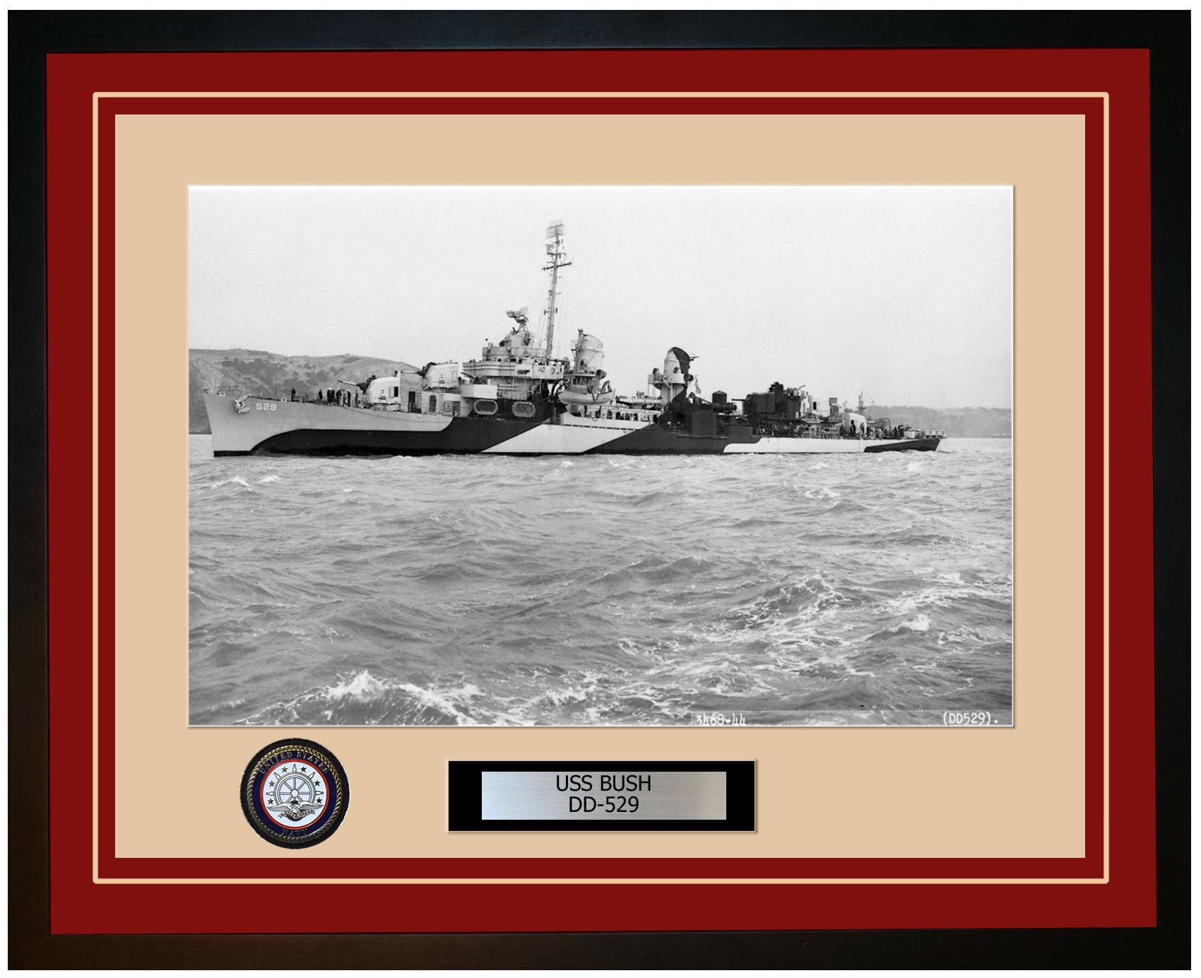 USS BUSH DD-529 Framed Navy Ship Photo Burgundy