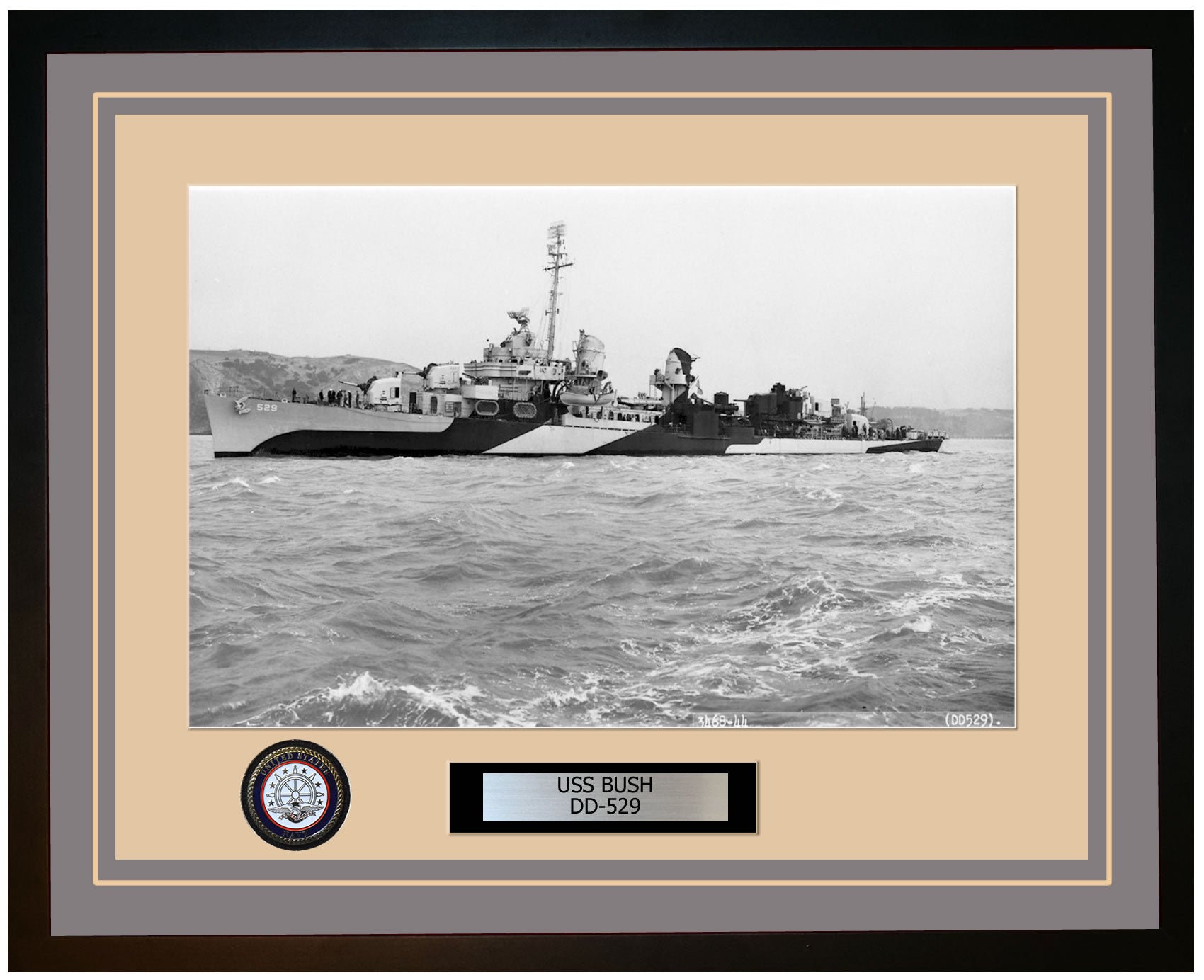 USS BUSH DD-529 Framed Navy Ship Photo Grey