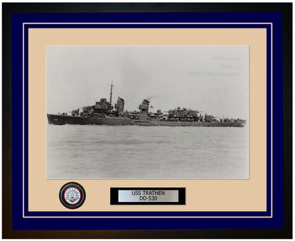 USS TRATHEN DD-530 Framed Navy Ship Photo Blue