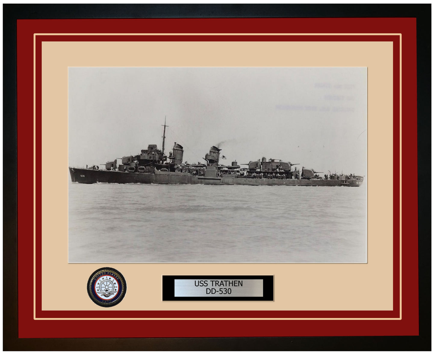 USS TRATHEN DD-530 Framed Navy Ship Photo Burgundy
