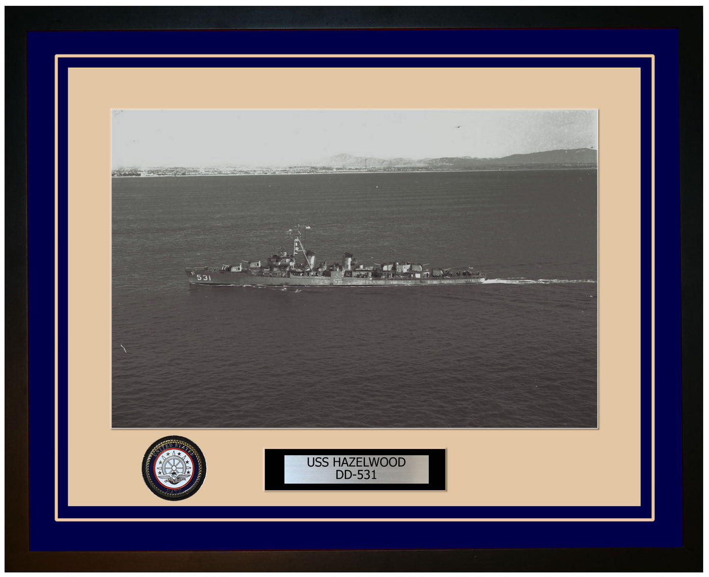 USS HAZELWOOD DD-531 Framed Navy Ship Photo Blue