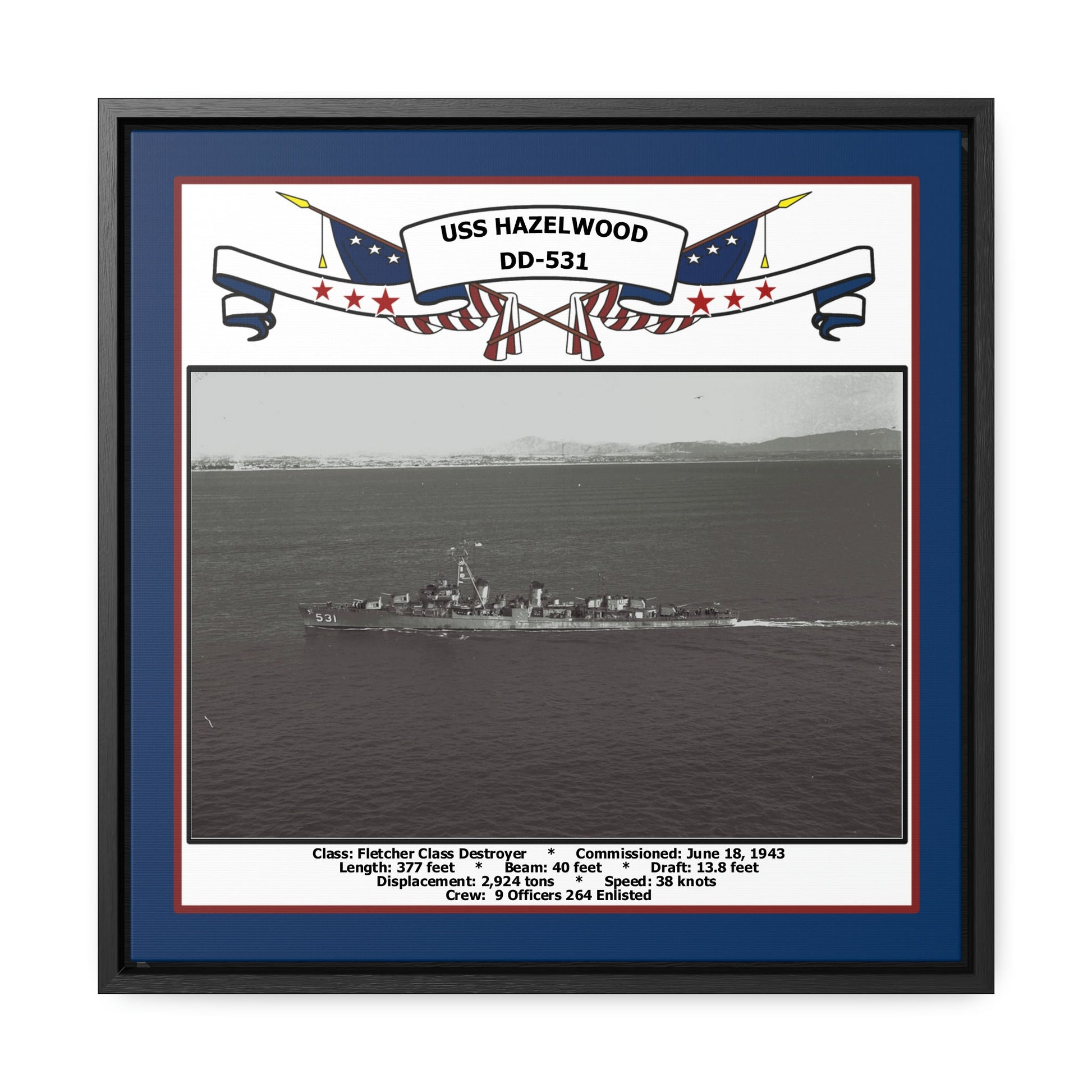 USS Hazelwood DD-531 Navy Floating Frame Photo Front View