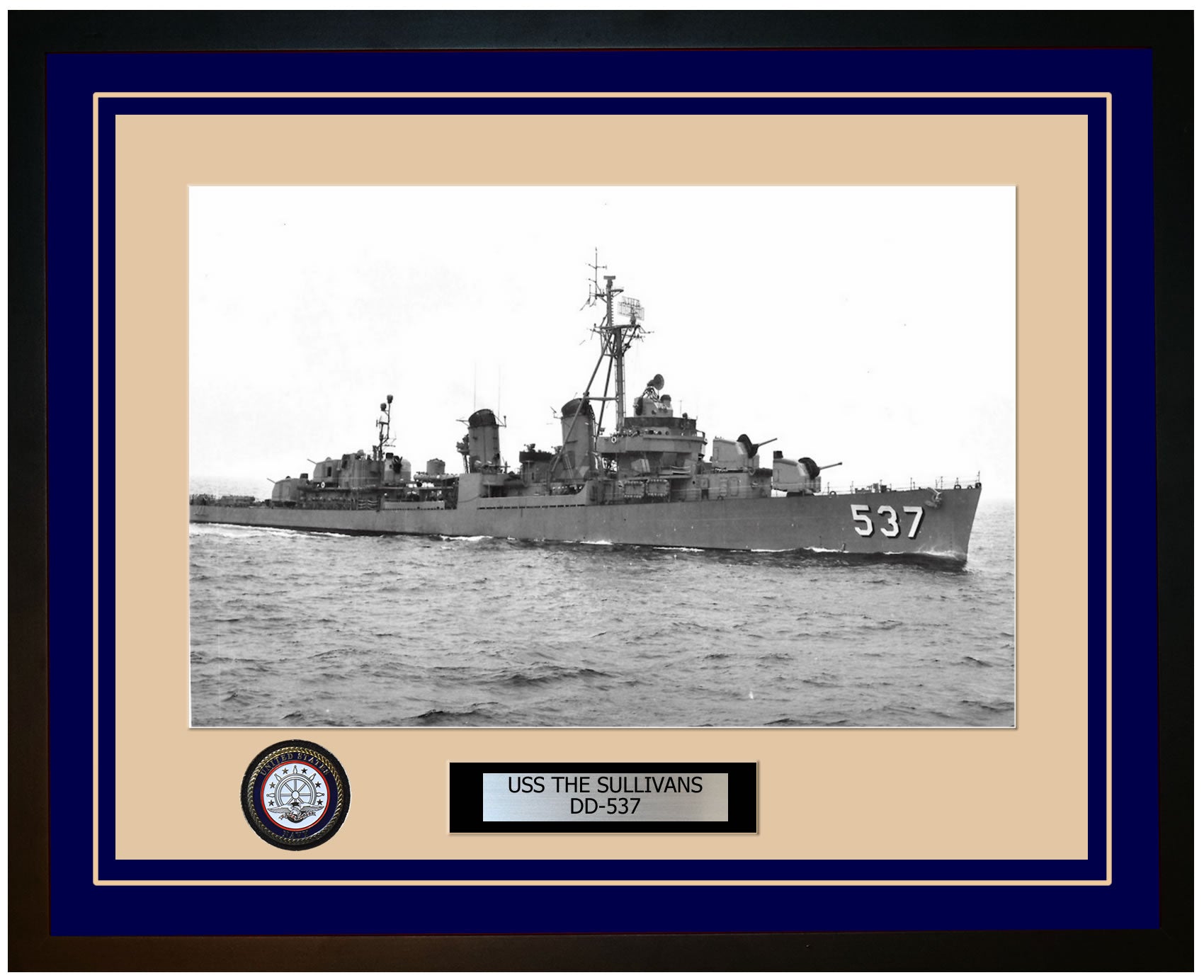 USS THE SULLIVANS DD-537 Framed Navy Ship Photo Blue