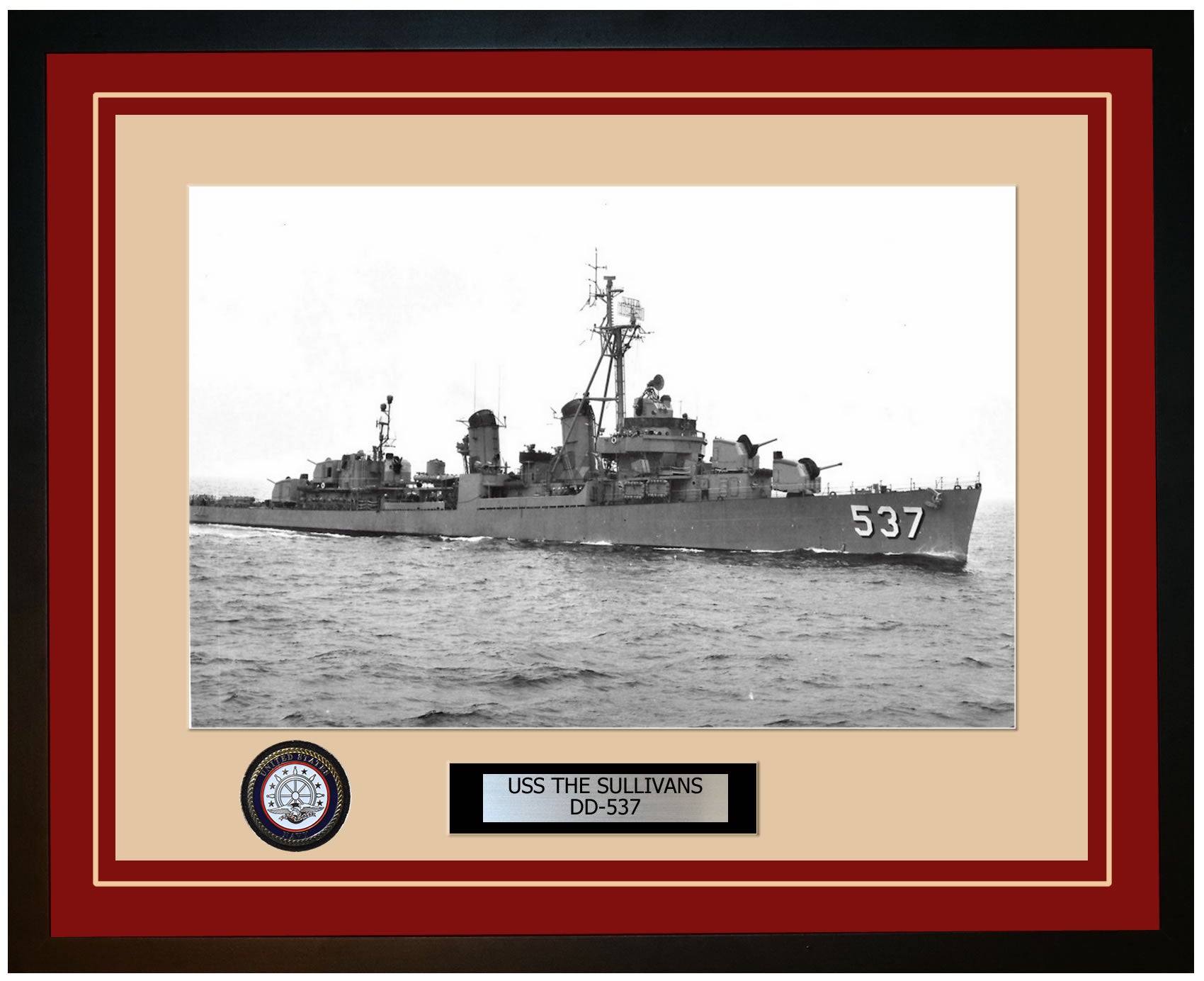 USS THE SULLIVANS DD-537 Framed Navy Ship Photo Burgundy