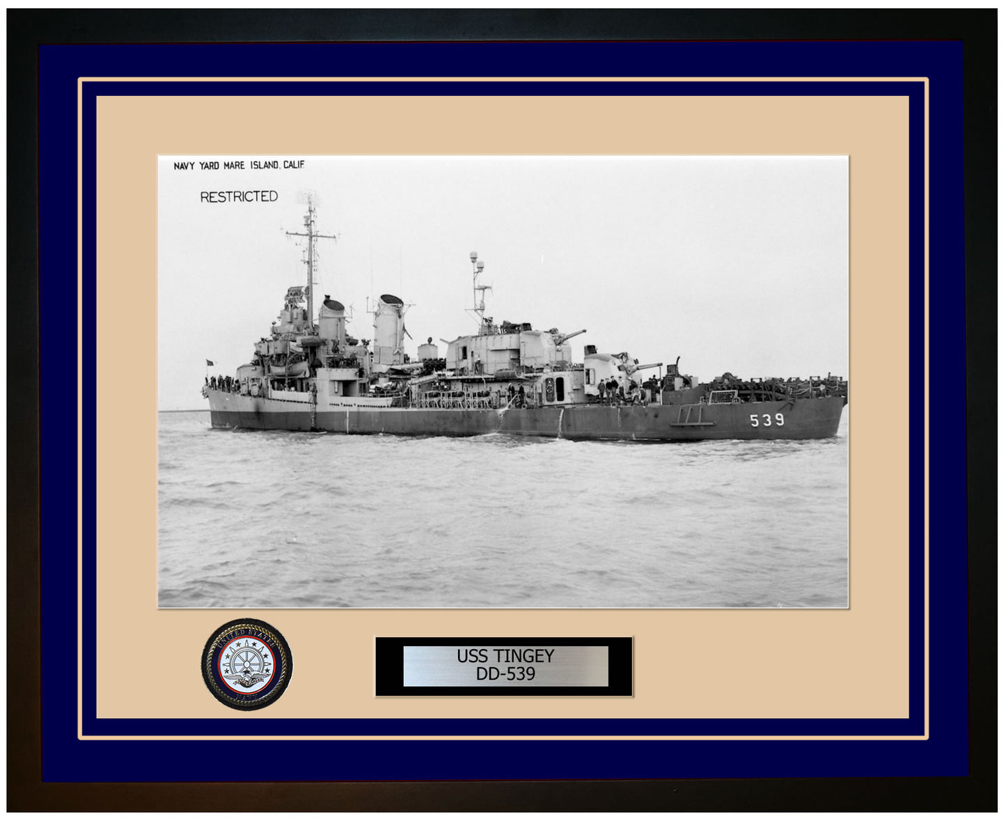 USS TINGEY DD-539 Framed Navy Ship Photo Blue