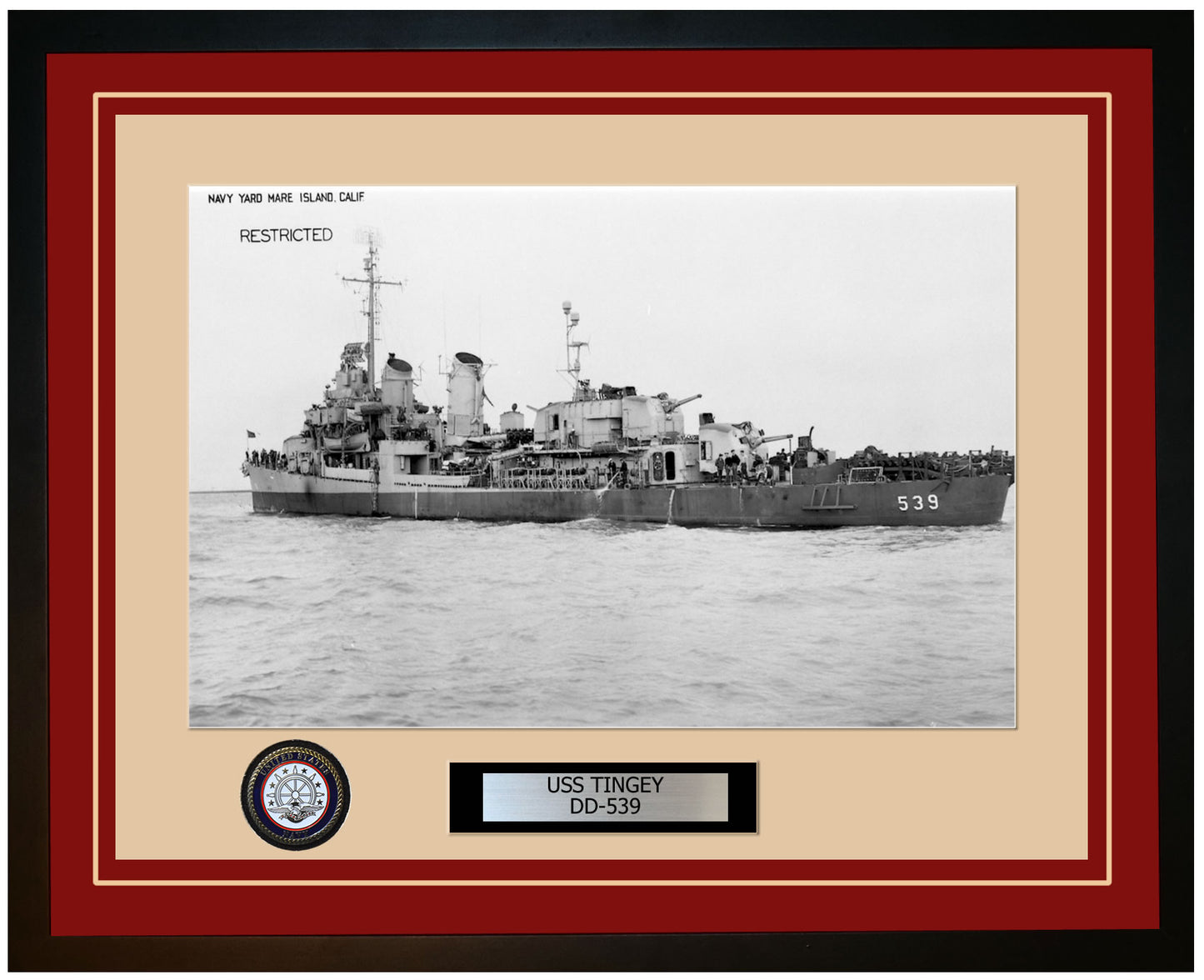 USS TINGEY DD-539 Framed Navy Ship Photo Burgundy