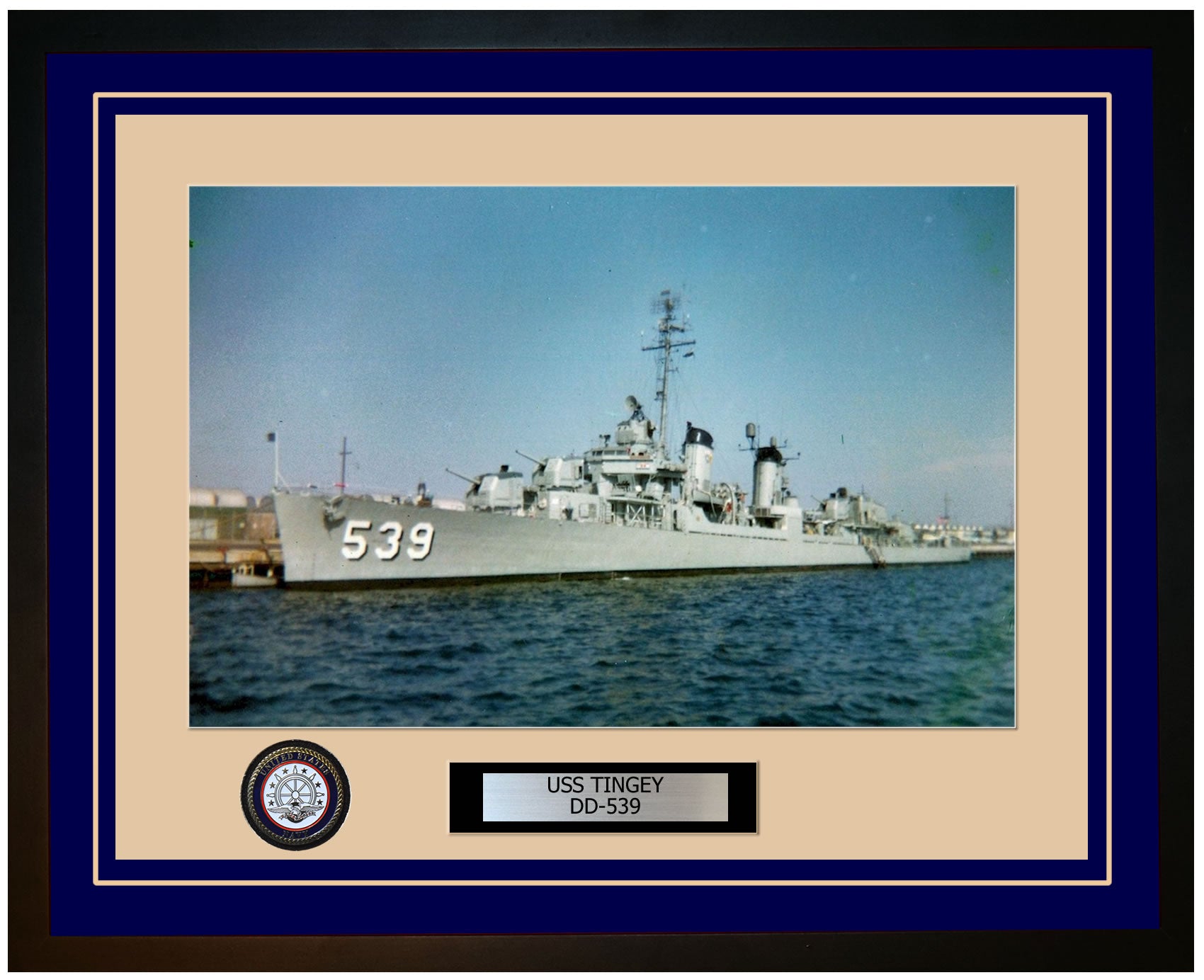 USS TINGEY DD-539 Framed Navy Ship Photo Blue
